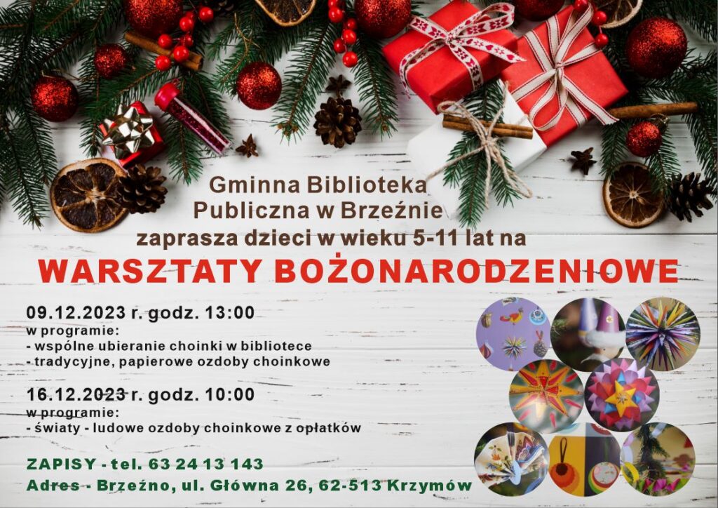 Plakat reklamujący warsztaty bożonarodzeniowe w bibliotece w Brzeźnie