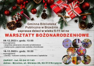 Plakat reklamujący warsztaty bożonarodzeniowe w bibliotece w Brzeźnie