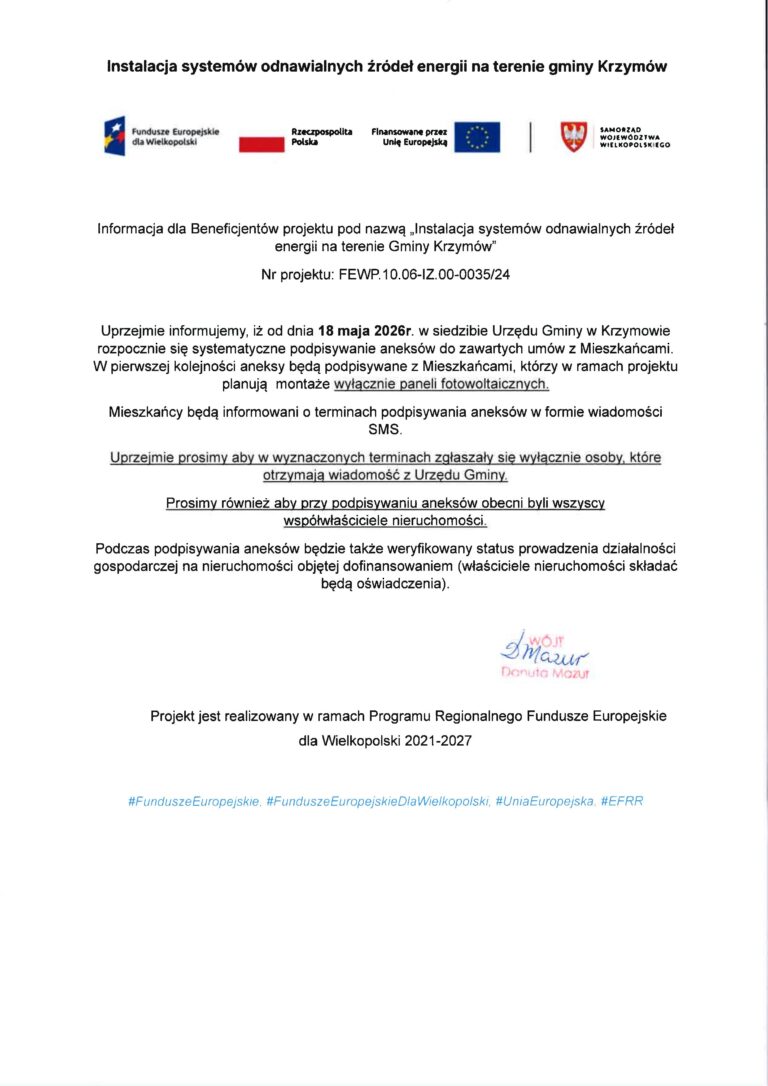 Informacja dla beneficjentów projektu OZE w Gminie Krzymów — podpisywanie aneksów od 18 maja 2026 r., projekt FEWP.10.06-IZ.00-0035/24 finansowany z Funduszy Europejskich dla Wielkopolski