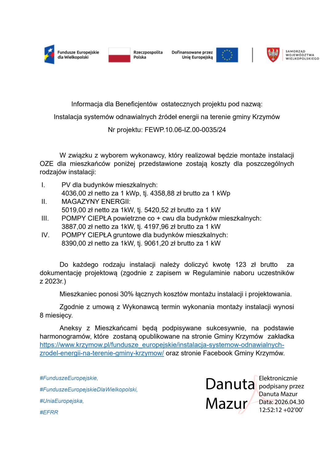 Informacja dla Beneficjentów OZE