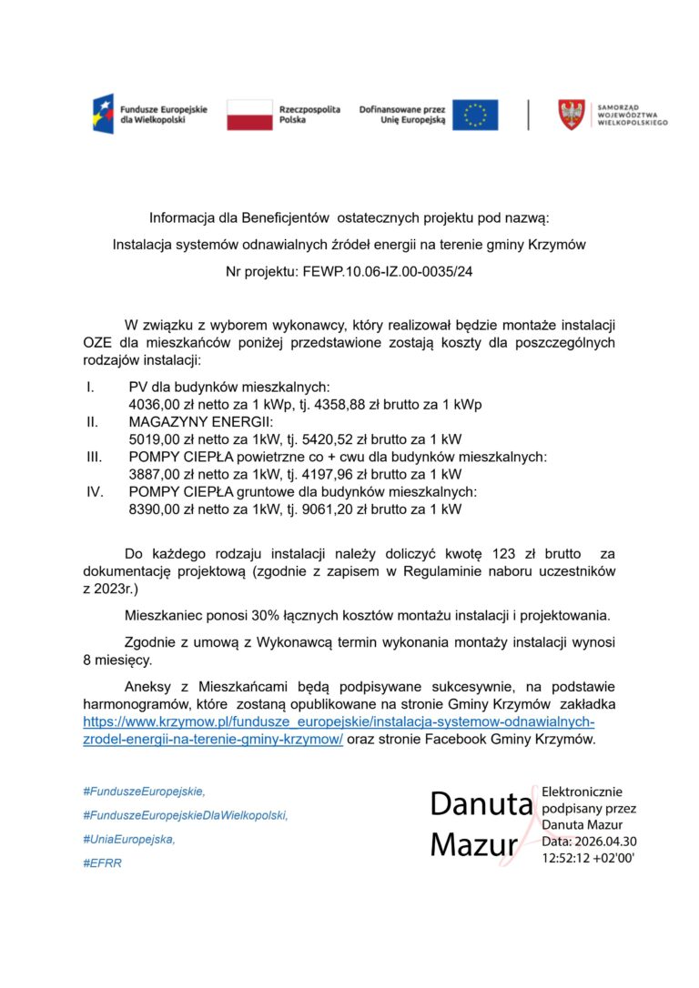 Informacja dla Beneficjentów OZE