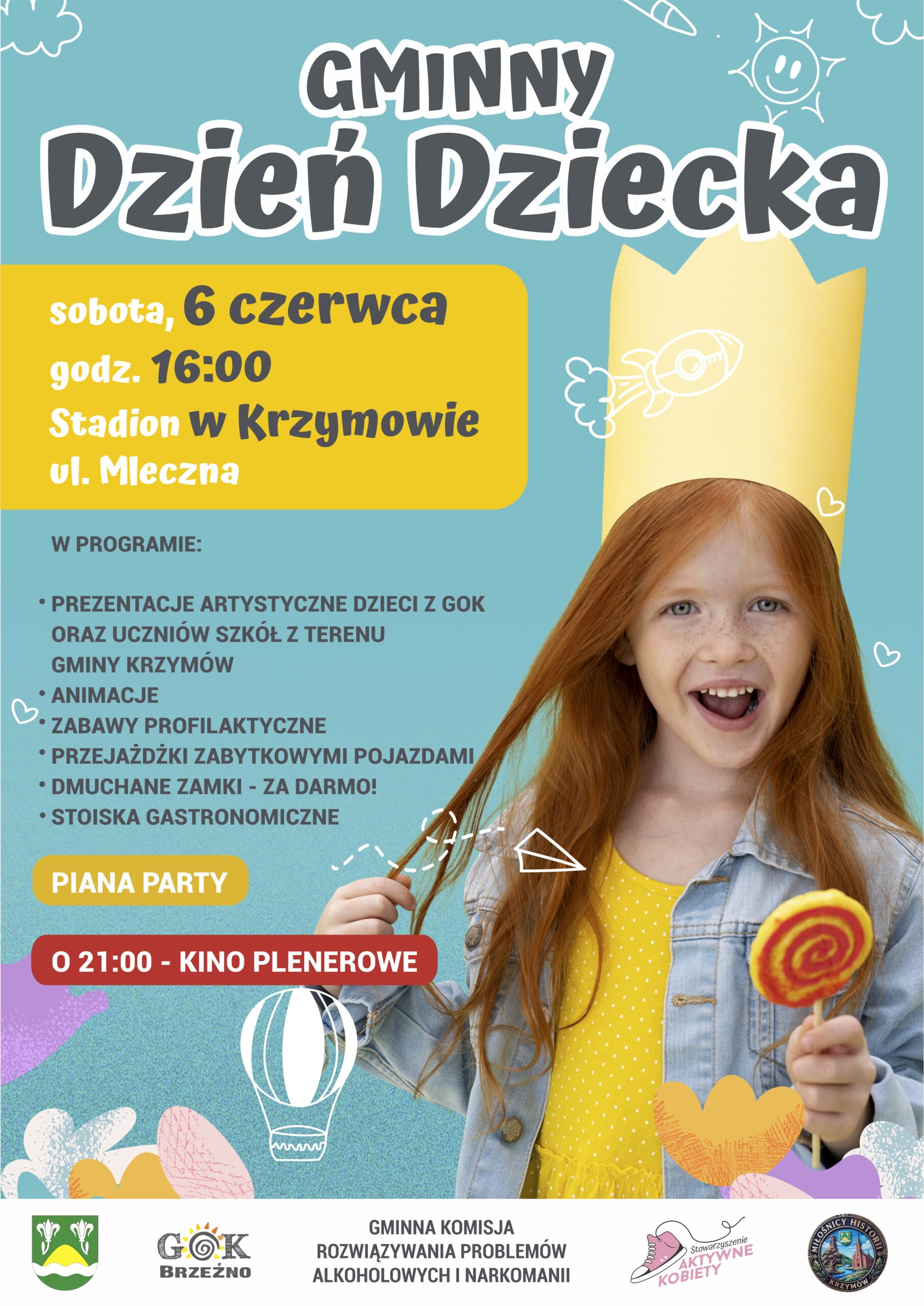 Plakat Gminnego Dnia Dziecka w Krzymowie — 6 czerwca godz. 16:00, Stadion ul. Mleczna; animacje, dmuchańce, piana party, kino plenerowe o 21:00