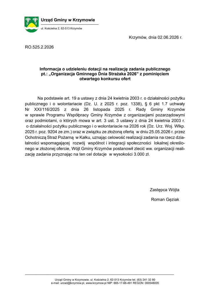 Informacja o udzieleniu dotacji na realizację zadania publicznego OSP Kałek